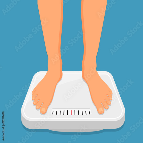 Woman is standing on bathroom scales,top view of feet. Weight measurement and control. Concept of healthy lifestyle, dieting and fitness