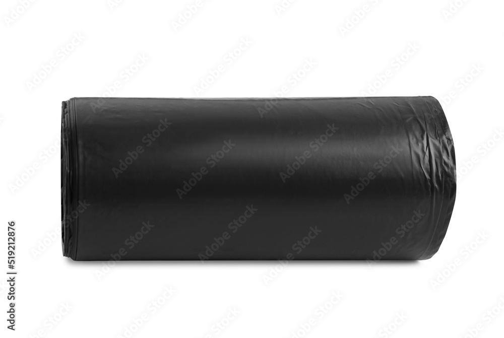 Roll of black garbage bags on white background. Cleaning supplies Roll of black garbage bags on white background. Cleaning supplies