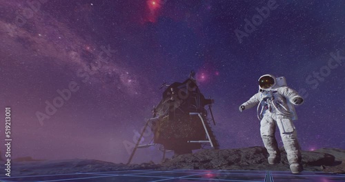 An astronaut jumping on alien planet watching Earth and stars, standing between rocks near landing module on launchpad