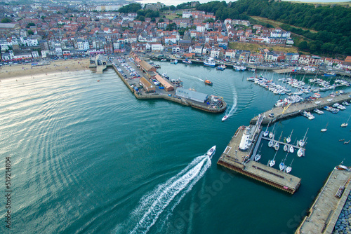 aerial view of South Bay Beach and Harbour Scarborough, North Yorkshire England