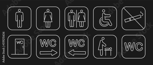 Set toilet navigation icons. Wayfinding wc female male for disabled and mother and child room. Vector illustration