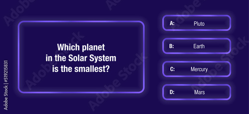 A template of questions and answer options for a quiz on a dark blue neon background. Test, exam, questions for a TV show. Vector illustration of EPS10