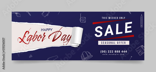 Labor day sale facebook cover page timeline web ad banner template | Modern layout concept and blue background