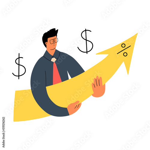Commission rise concept. A man with an arrow in his hands. Inflation, rising prices, wealth. Vector illustration in flat style