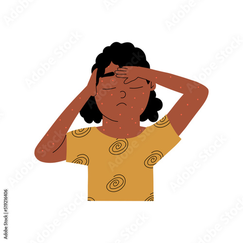 The girl is sick with chickenpox. A symptom of skin inflammation. Vector illustration in flat style