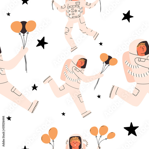 Cheerful children astronauts with balloons. Vector illustration in a flat style. Seamless pattern.