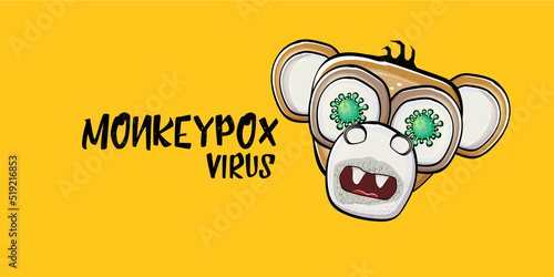 Funny Monkeypox virus horizontal banner for awareness and alert against disease spread, symptoms or precautions. Monkey Pox concept illustration with angry monkey face silhouette on orange background