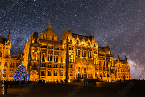 Cityscape image of Budapest, capital city of Hungary with Hungarian Parliament Building at night photo