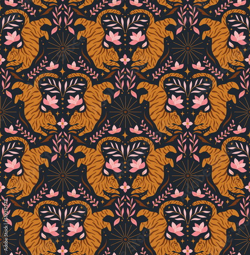 Vector seamless pattern of animal tiger. Modern chinese background. Decorative botanical texture for fabric, textile,  wallpaper, design.