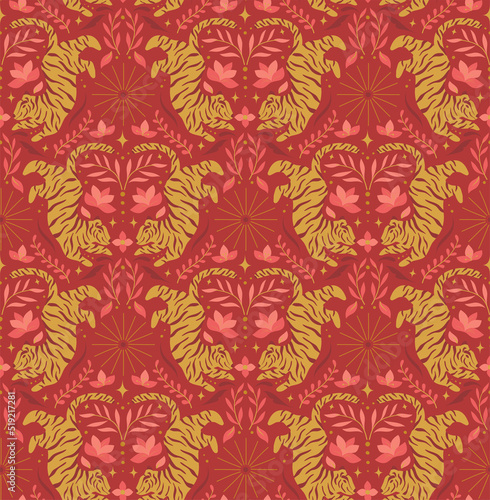 Vector seamless pattern of animal tiger. Modern chinese background. Decorative botanical texture for fabric, textile, wallpaper, design.