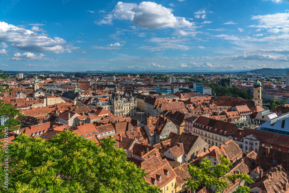 Graz, Austria - June 6, 2022 - Aerial panorama view of Graz city old town from Castle Hill (Schlossberg)