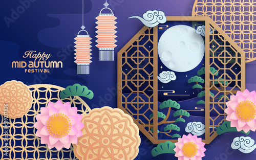 Mid autumn festival paper art style with full moon, moon cake, chinese lantern and rabbits on background.
