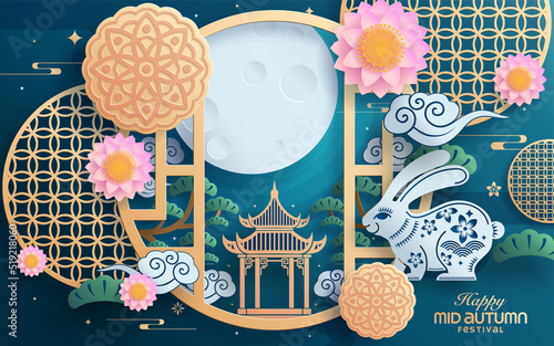 Mid autumn festival paper art style with full moon, moon cake, chinese lantern and rabbits on background.