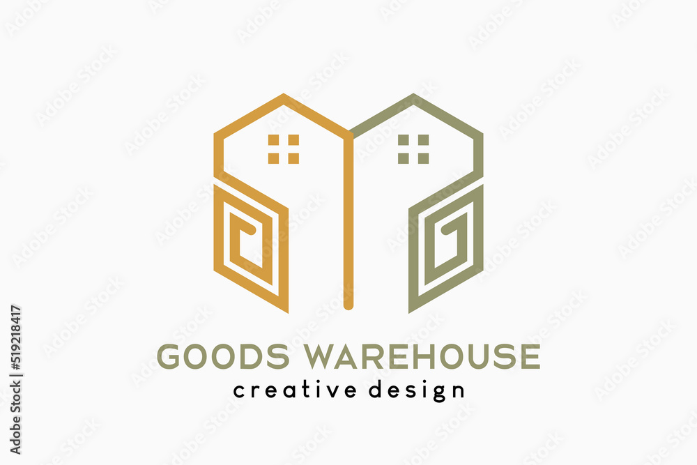 Warehouse or goods house logo design, box icon combined with house icon in minimal line art
