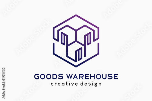 Warehouse or goods house logo design, box icon with line art concept in a hexagon