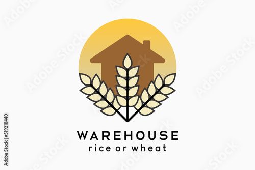 Paddy barn or wheat barn logo design, wheat or paddy icon combined with house icon in dots