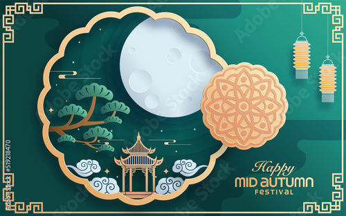 Mid autumn festival paper art style with full moon, moon cake, chinese lantern and rabbits on background.