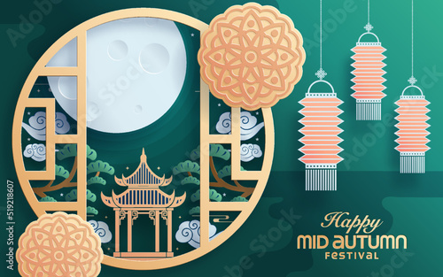 Mid autumn festival paper art style with full moon, moon cake, chinese lantern and rabbits on background.