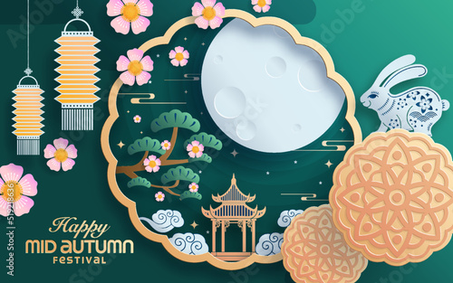 Mid autumn festival paper art style with full moon, moon cake, chinese lantern and rabbits on background.