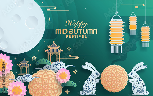 Mid autumn festival paper art style with full moon, moon cake, chinese lantern and rabbits on background.
