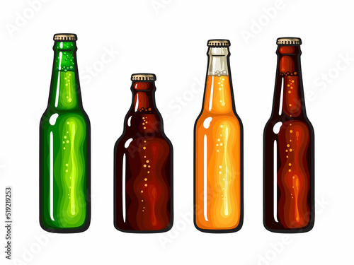 Hand drown set of beer bottles. Bottles of light and dark beer, soda or lemonade. Vector illustration.