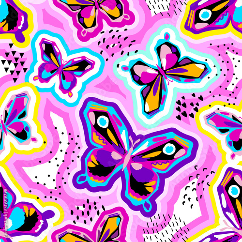 Abstract seamless pattern with colorful butterfly. Fashion print for girl