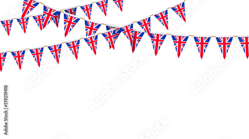 UK flag garland. Union Jack pennants chain. British party bunting decoration. Great Britain flags for celebration. Footer and banner background.