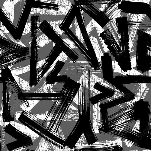 Abstract seamless chaotic pattern with urban elements, lines brushes painting. Grunge texture background. Wallpaper sport style