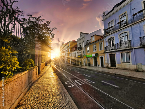 Sunset on the streets of Belem, Portugal