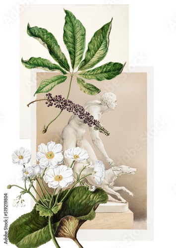 Modern conceptual art poster with an antique statue of hunter with beautiful flowers. Contemporary art collage.