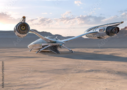 Fototapeta Naklejka Na Ścianę i Meble -  spaceship is landed in desert sunset rear view