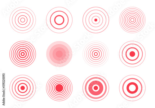 Set of pain red circles isolated on white background. The symbol of pain on the body and joints. Vector illustration..