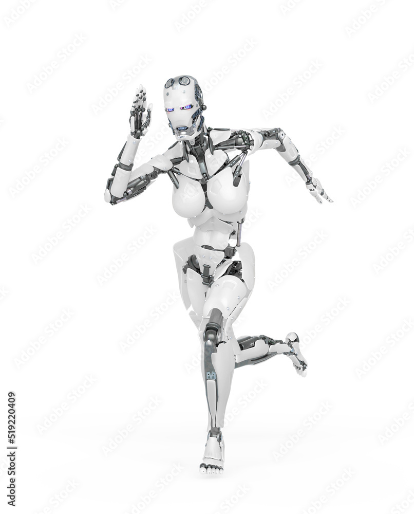 cyborg girl is running fast in action on white background cyborg girl is running fast in action on white background