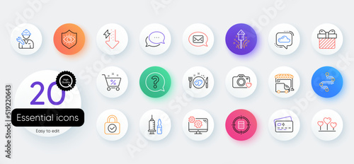 Simple set of Messenger, Photo camera and Cloud communication line icons. Include Medical vaccination, Calculator target, Surprise icons. Fireworks, Timeline, Energy drops web elements. Vector