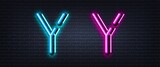Initial letter Y icon. Neon light line effect. Line typography character sign. Large first font letter. Glowing neon light element. Letter Y glow 3d line. Brick wall banner. Vector
