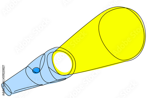 Blue flashlight glowing in one line on white background, small lantern. As a logo, a symbol for lighting stores, tourism, search for items, quests, symbols and signs for games. Vector