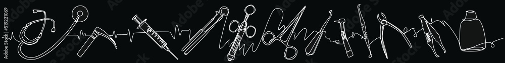 Monochrome border of medical instruments in one line style on black ...