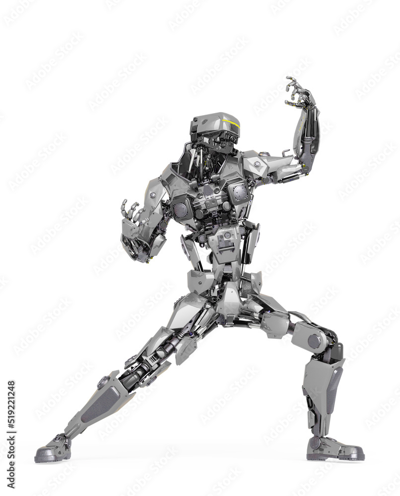 master robot is doing a comic action pose in white background