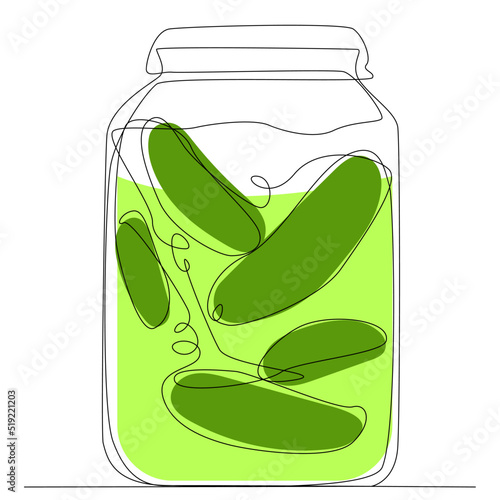 Color jar with pickled cucumbers, garlic, spices, pickles for the winter, delicious homemade food. Color illustration in one line style, vector image.  For shops, brand of vegetable products, menu.