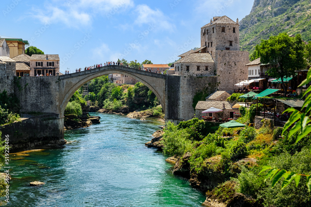 Long view of the Mostar Bridge in Bosnia and Herzegovina Long view of the Mostar Bridge in Bosnia and Herzegovina