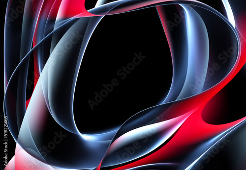 3d render of abstract art surreal 3d background in curve wavy elegance organic biological glowing lines forms in transparent plastic material in white and red gradient color on black