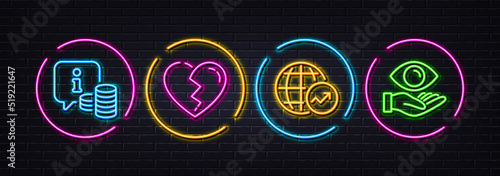 World statistics, Info and Broken heart minimal line icons. Neon laser 3d lights. Health eye icons. For web, application, printing. Global report, Cash money, Love end. Optometry. Vector