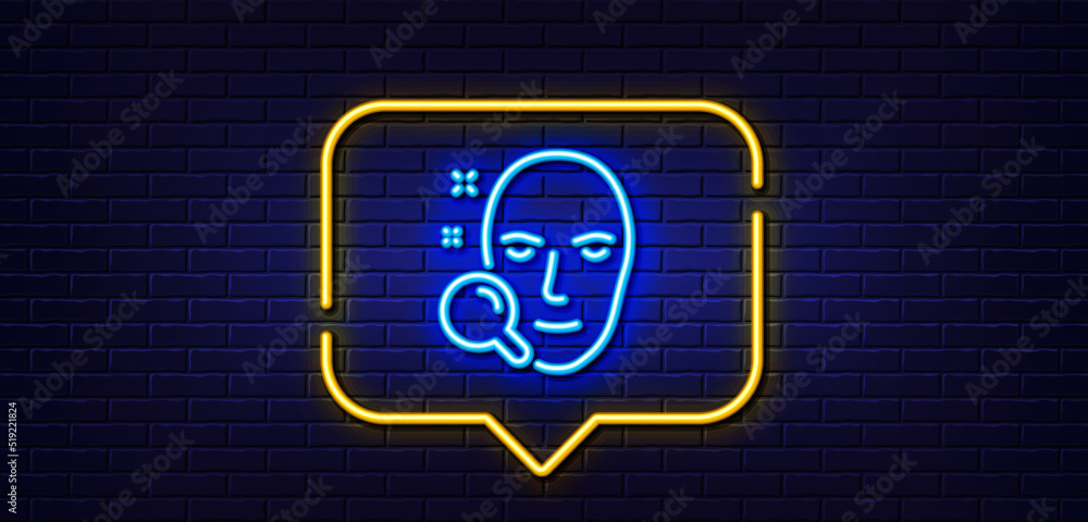 Neon light speech bubble. Face search line icon. Head recognition sign. Neon light background. Face search glow line. Brick wall banner. Vector Neon light speech bubble. Face search line icon. Head recognition sign. Neon light background. Face search glow line. Brick wall banner. Vector