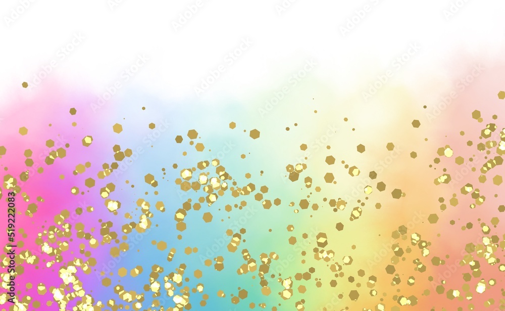 Smoothy rainbow. Soft colorful clouds decorated with chunky golden glitter dots. Magical confetti. Beautiful cute background.