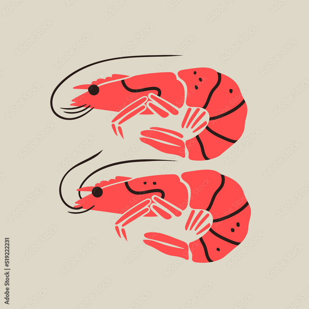 Hand drawn Shrimps. Seafood shop logo, signboard, restaurant menu, fish market, banner, poster design template. Fresh seafood or shellfish product. Trendy Vector isolated illustration. Flat design Hand drawn Shrimps. Seafood shop logo, signboard, restaurant menu, fish market, banner, poster design template. Fresh seafood or shellfish product. Trendy Vector isolated illustration. Flat design