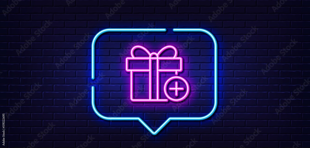Neon light speech bubble. Add Gift box line icon. Present or Sale sign. Birthday Shopping symbol. Package in Gift Wrap. Neon light background. Add gift glow line. Brick wall banner. Vector Neon light speech bubble. Add Gift box line icon. Present or Sale sign. Birthday Shopping symbol. Package in Gift Wrap. Neon light background. Add gift glow line. Brick wall banner. Vector