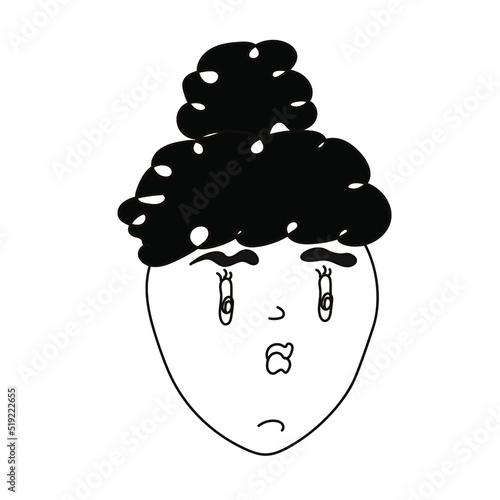 The face of a woman with hair tied in a bun, a housewife with a chubby face. Cartoon character, girl caricature, woman head in doodle style. Stock vector illustration on a white background, isolated.