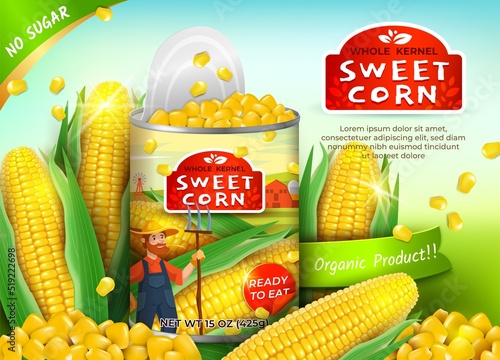 Realistic Detailed 3d Organic Canned Maize Ads Banner Concept Poster Card with Corn Cob. Vector illustration