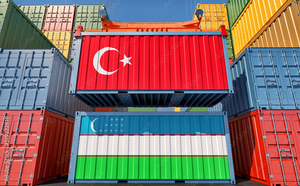 Turkish Container Cargo containers with Uzbekistan and Turkey national flags. 3D ...