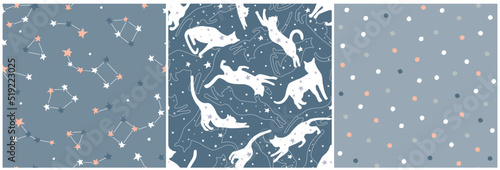 A set of abstract seamless patterns with space. Silhouettes of cats in the starry sky, constellations. Vector graphics.